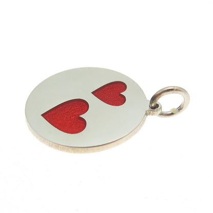 925 Sterling Silver Red Enamel Heart Couple Round Tag Minimalist Charm Pendant