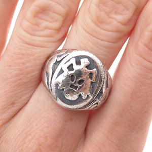 925 Sterling Silver Antique Art Deco Family Crest Oxidized Ring Size 6.75