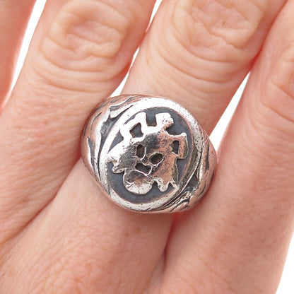 925 Sterling Silver Antique Art Deco Family Crest Oxidized Ring Size 6.75
