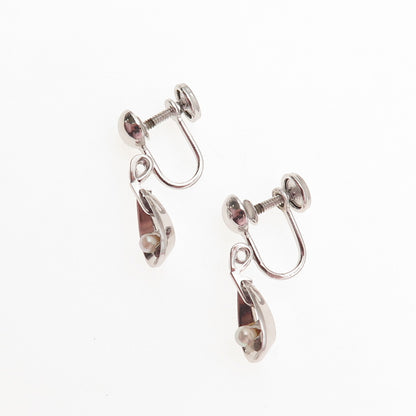 Marvel 925 Sterling Silver Vintage Real Pearl Screw Back Dangle Earrings