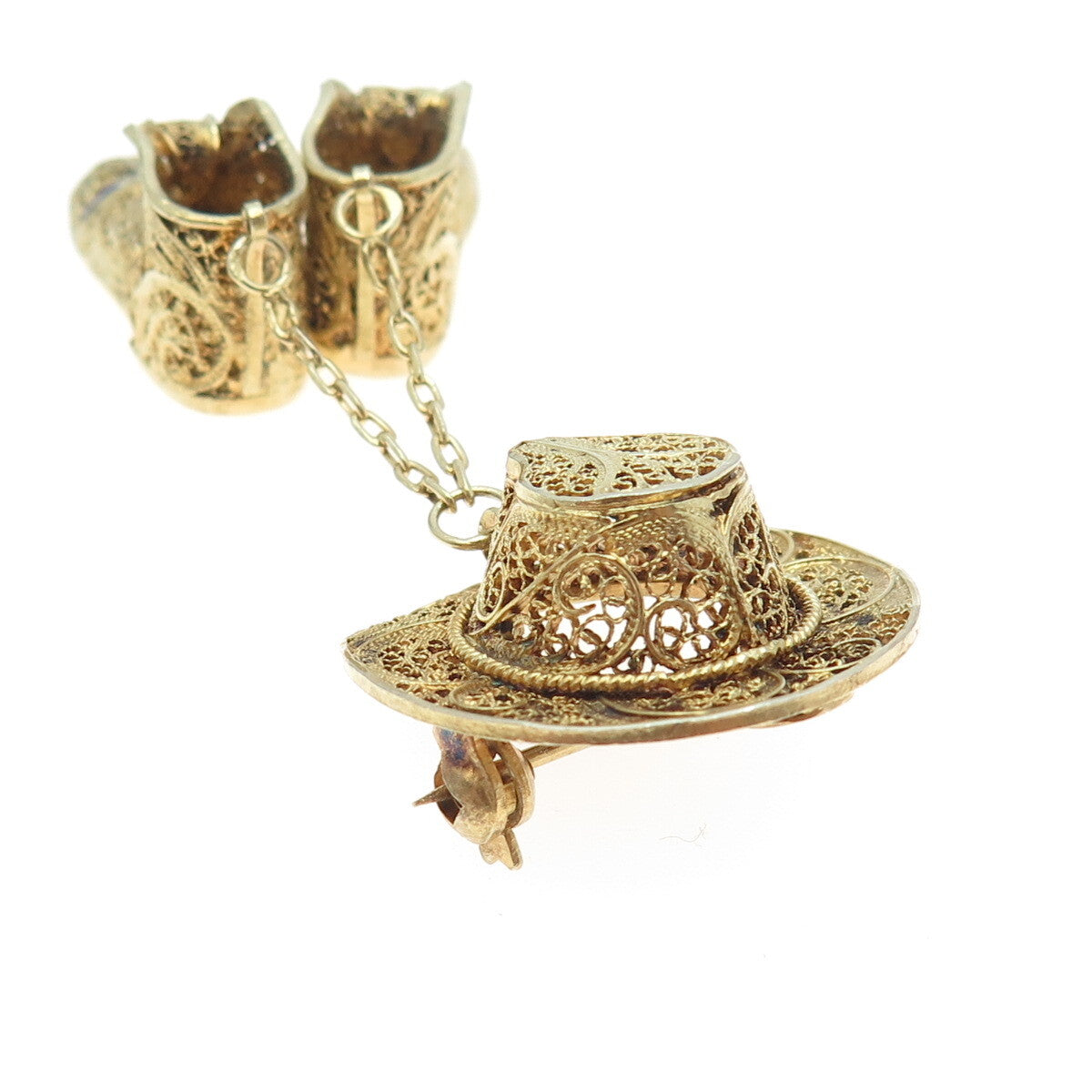 925 Sterling Silver Gold Plated Vintage Portugal Enamel Hat Boots Dangle Brooch