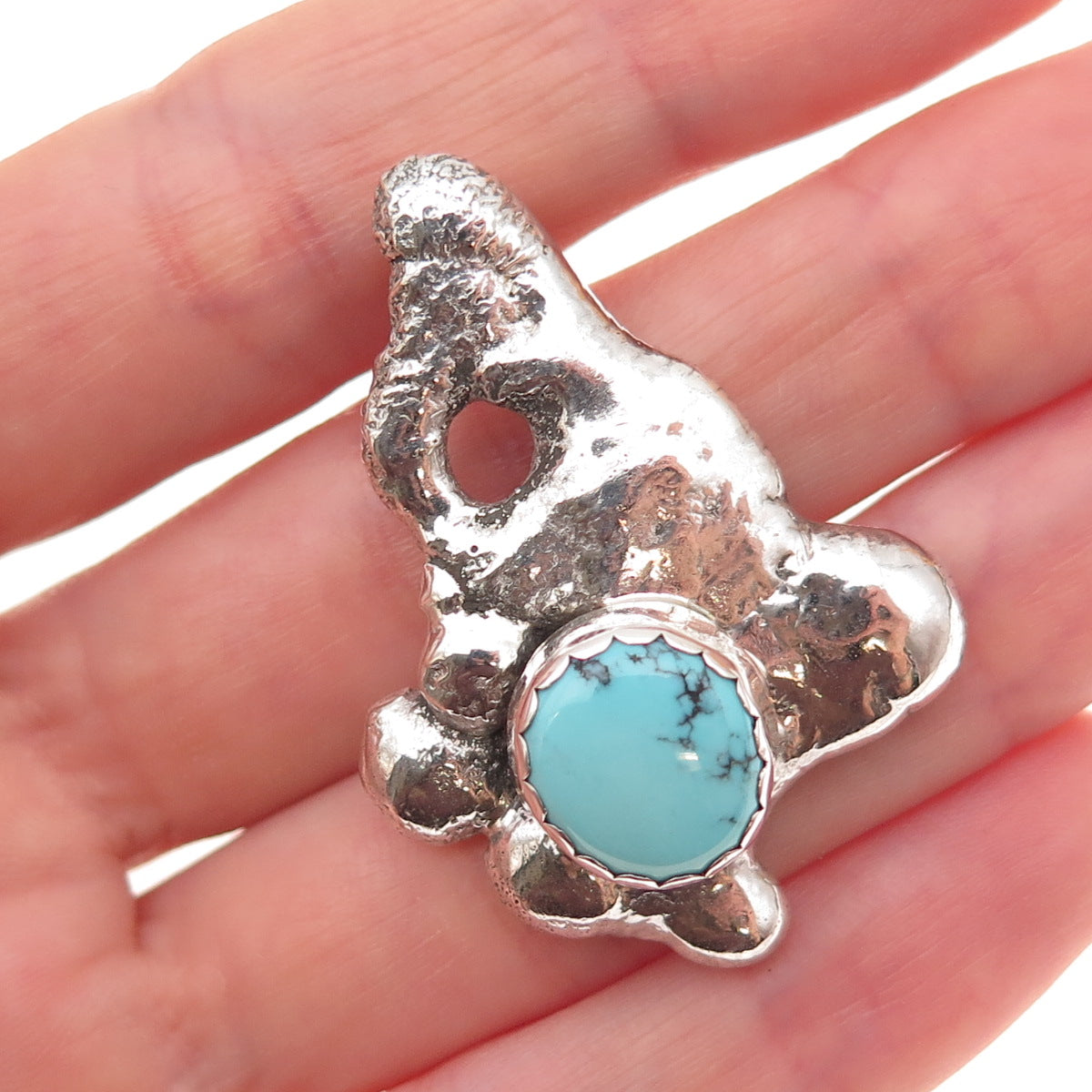 925 Sterling Silver Vintage Real Turquoise Modernist Oxidized Slide Pendant