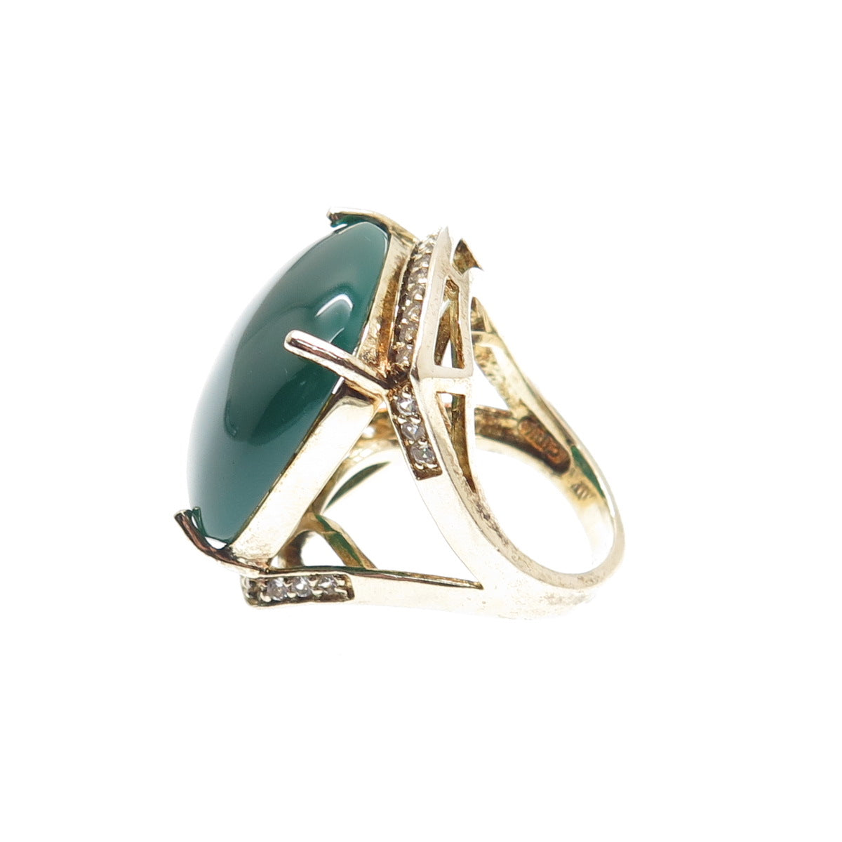 925 Sterling Gold Plated Real Green Onyx & White Topaz Statement Ring Size 6.25