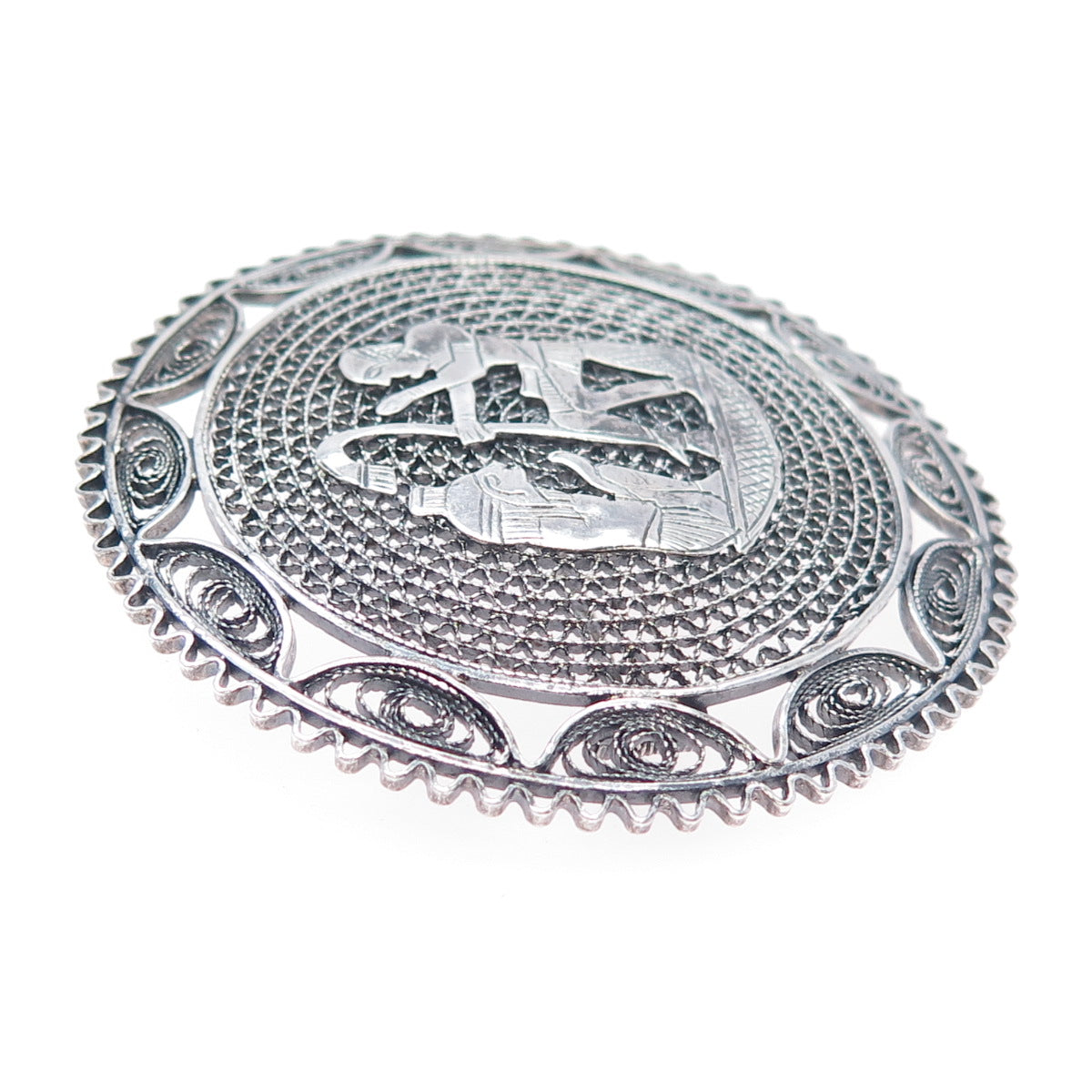 800 Silver Vintage Egypt Storyteller Filigree Oxidized Pin Brooch