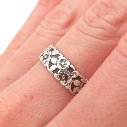 925 Sterling Silver Antique Art Deco Forget Me Not Floral Oxidized Ring Size 7