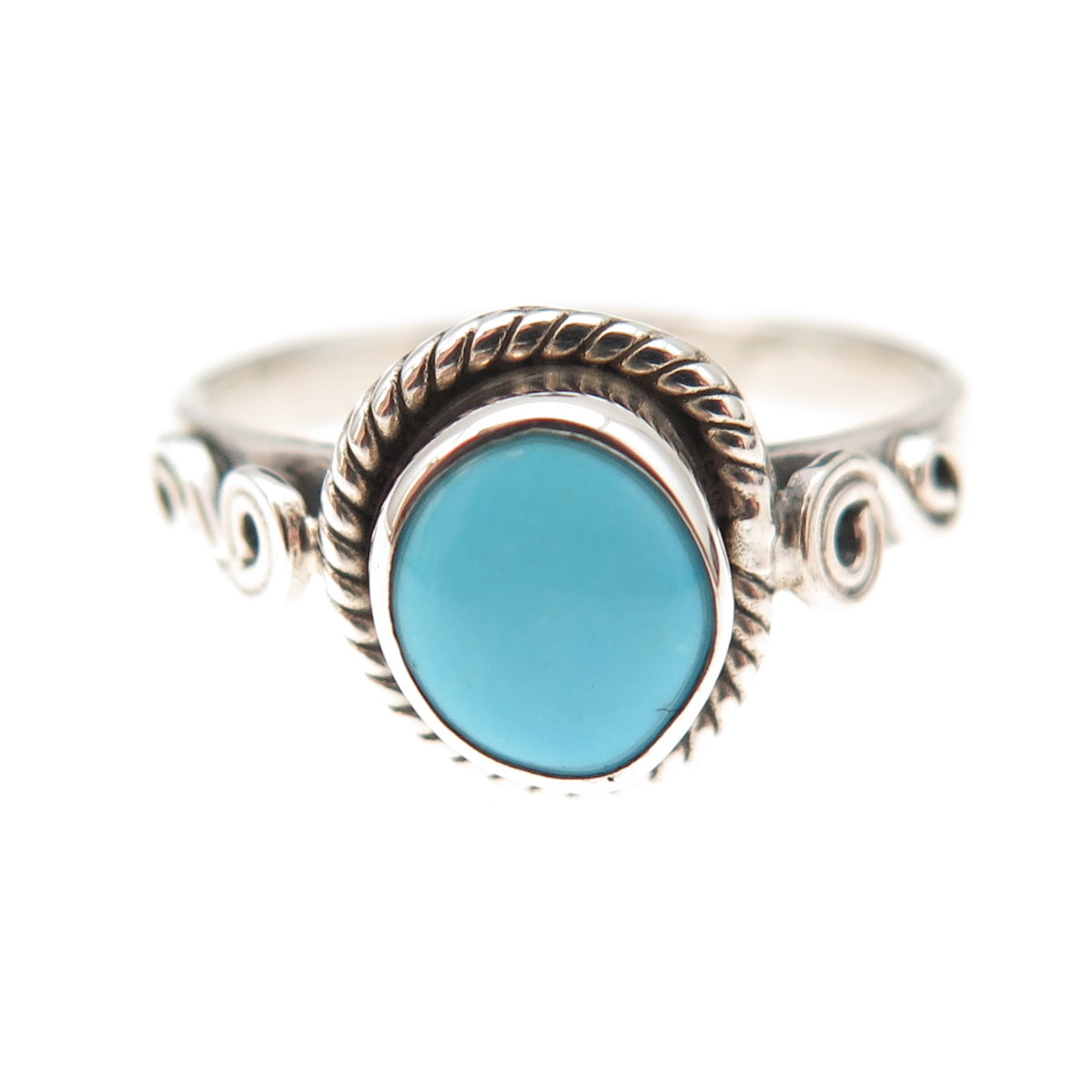 925 Sterling Silver Vintage Real Turquoise Spiral Oxidized Ring Size 8.25