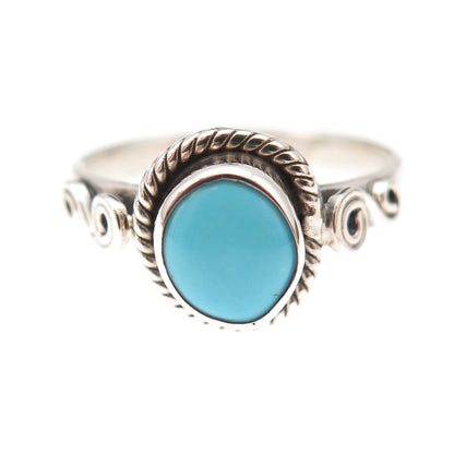 925 Sterling Silver Vintage Real Turquoise Spiral Oxidized Ring Size 8.25