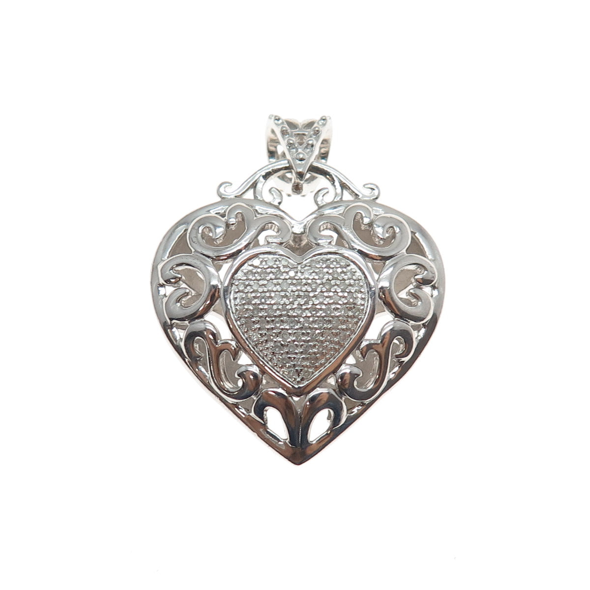 925 Sterling Silver Real Round-Cut Diamond Ornate Heart Charm Pendant