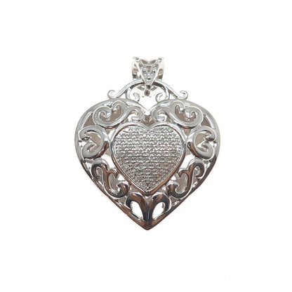 925 Sterling Silver Real Round-Cut Diamond Ornate Heart Charm Pendant