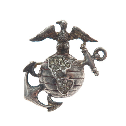 TRIFARI 925 Sterling Silver Antique Rhinestone US Marine Corps Oxidized Brooch
