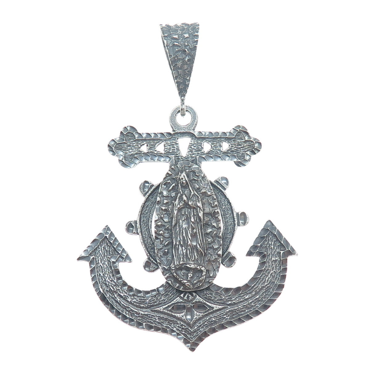 925 Sterling Silver Vintage St. Mary Anchor Diamond-Cut Oxidized Pendant