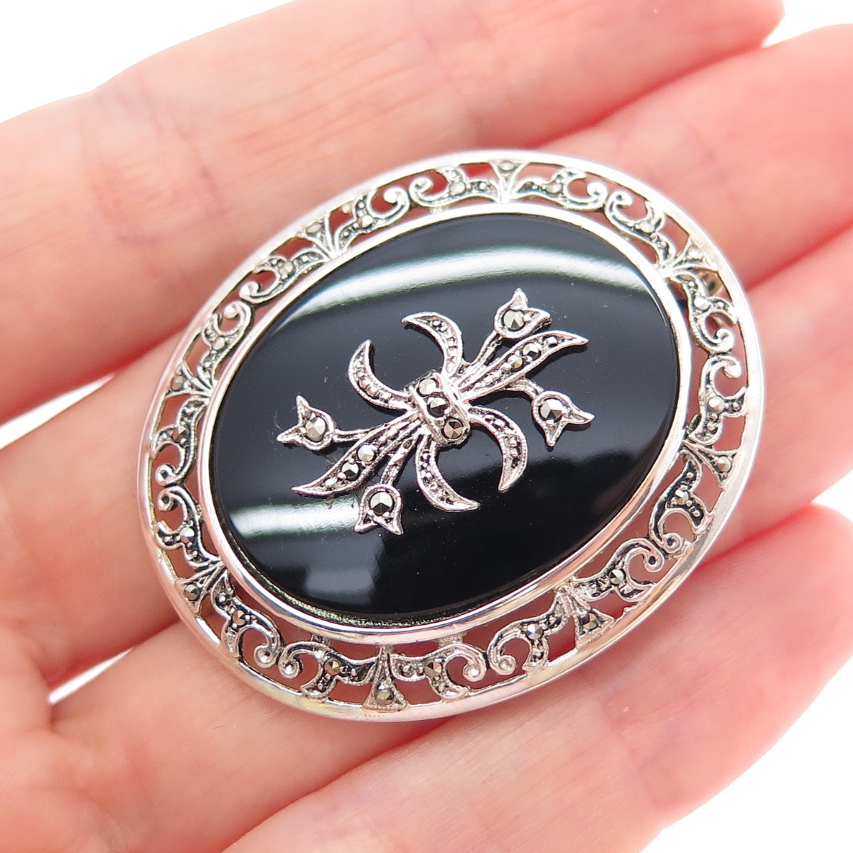 835 Silver Antique Art Deco Real Black Onyx & Marcasite Bow Pin Brooch