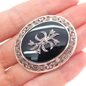 835 Silver Antique Art Deco Real Black Onyx & Marcasite Bow Pin Brooch