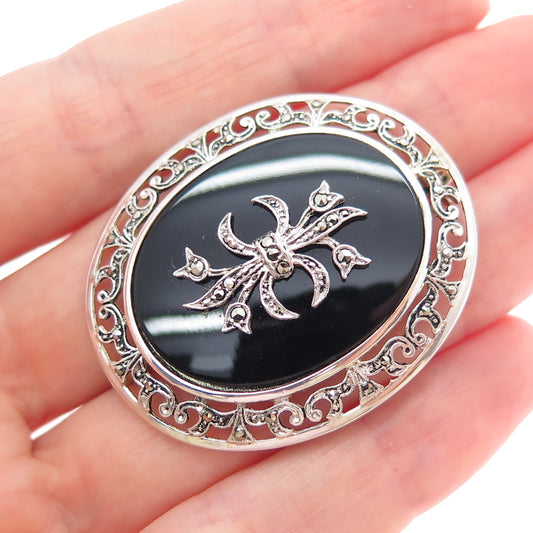 835 Silver Antique Art Deco Real Black Onyx & Marcasite Bow Pin Brooch