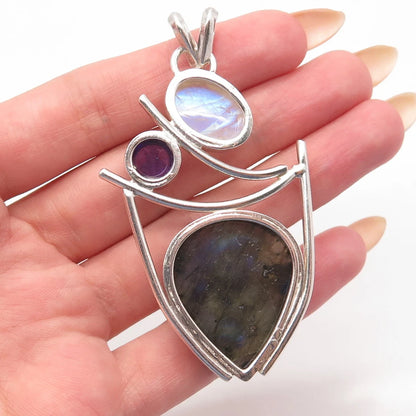 925 Sterling Silver Vintage Real Labradorite Moonstone & Amethyst Gem Pendant