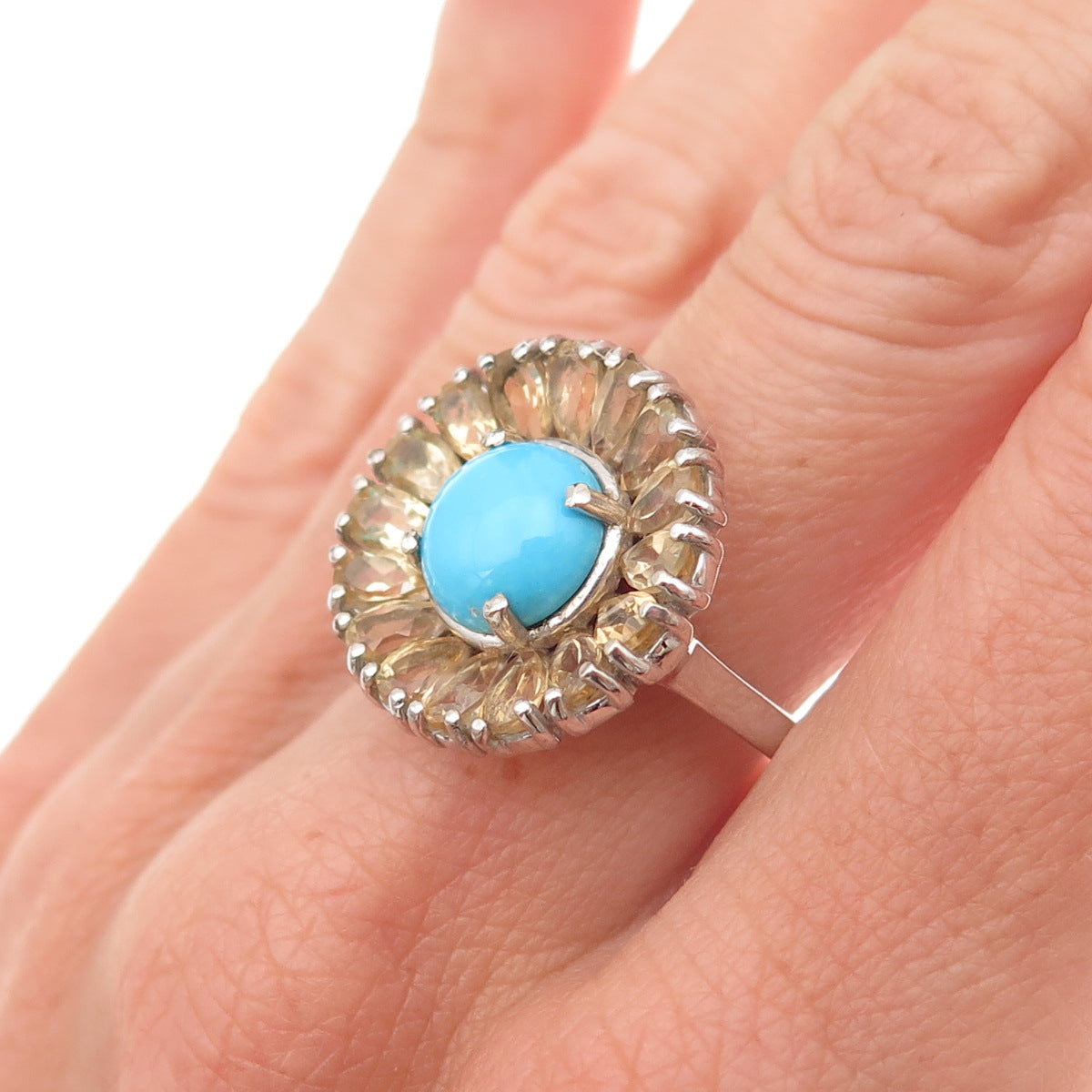 Chuck Clemency 925 Sterling Silver Real Turquoise & Citrine Floral Ring Size 8