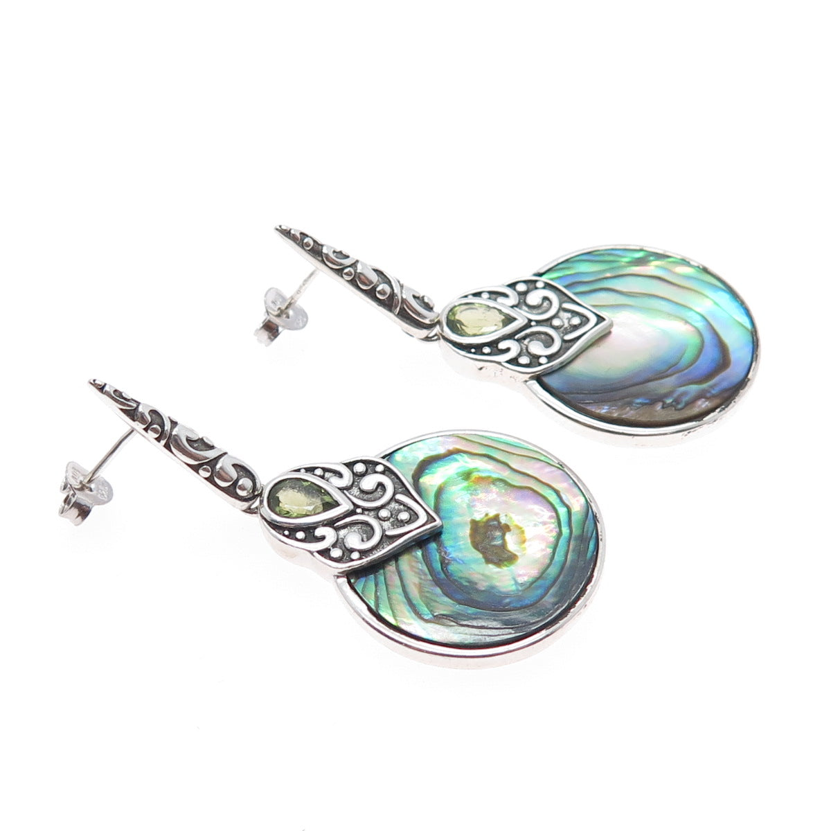 925 Sterling Silver Vintage Real Abalone Shell & Peridot Ornate Dangle Earrings