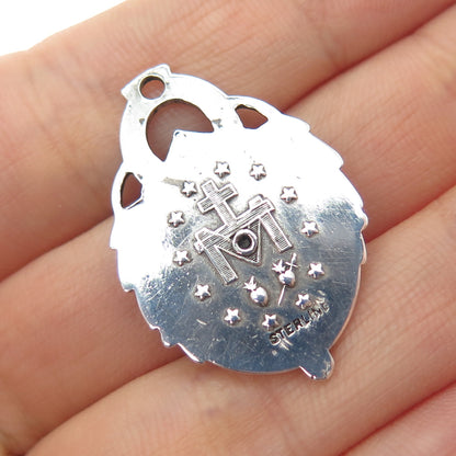 925 Sterling Silver Antique Art Deco Bohemian Glass St. Mary Charm Pendant