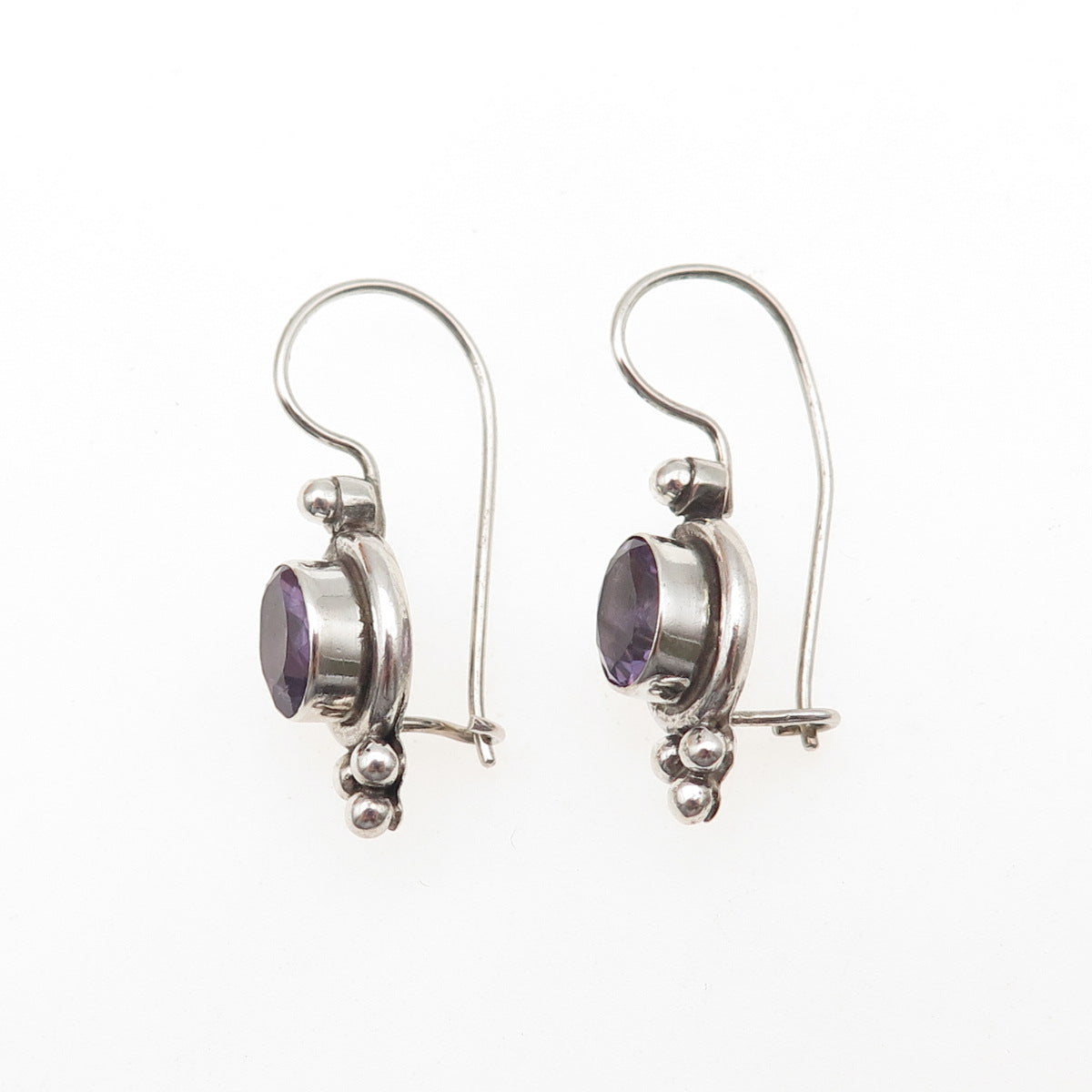 925 Sterling Silver Vintage Real Oval-Cut Amethyst Beaded Earrings