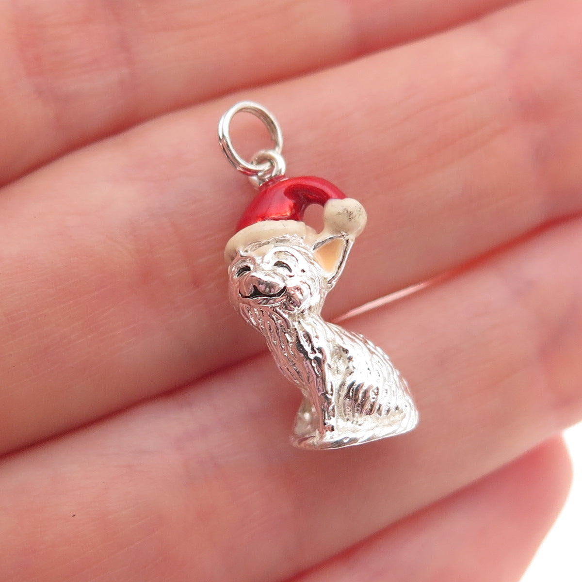 Jezlaine 925 Sterling Silver Vintage Enamel Christmas Kitten 3D Charm Pendant