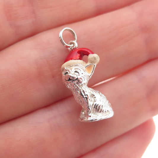 Jezlaine 925 Sterling Silver Vintage Enamel Christmas Kitten 3D Charm Pendant