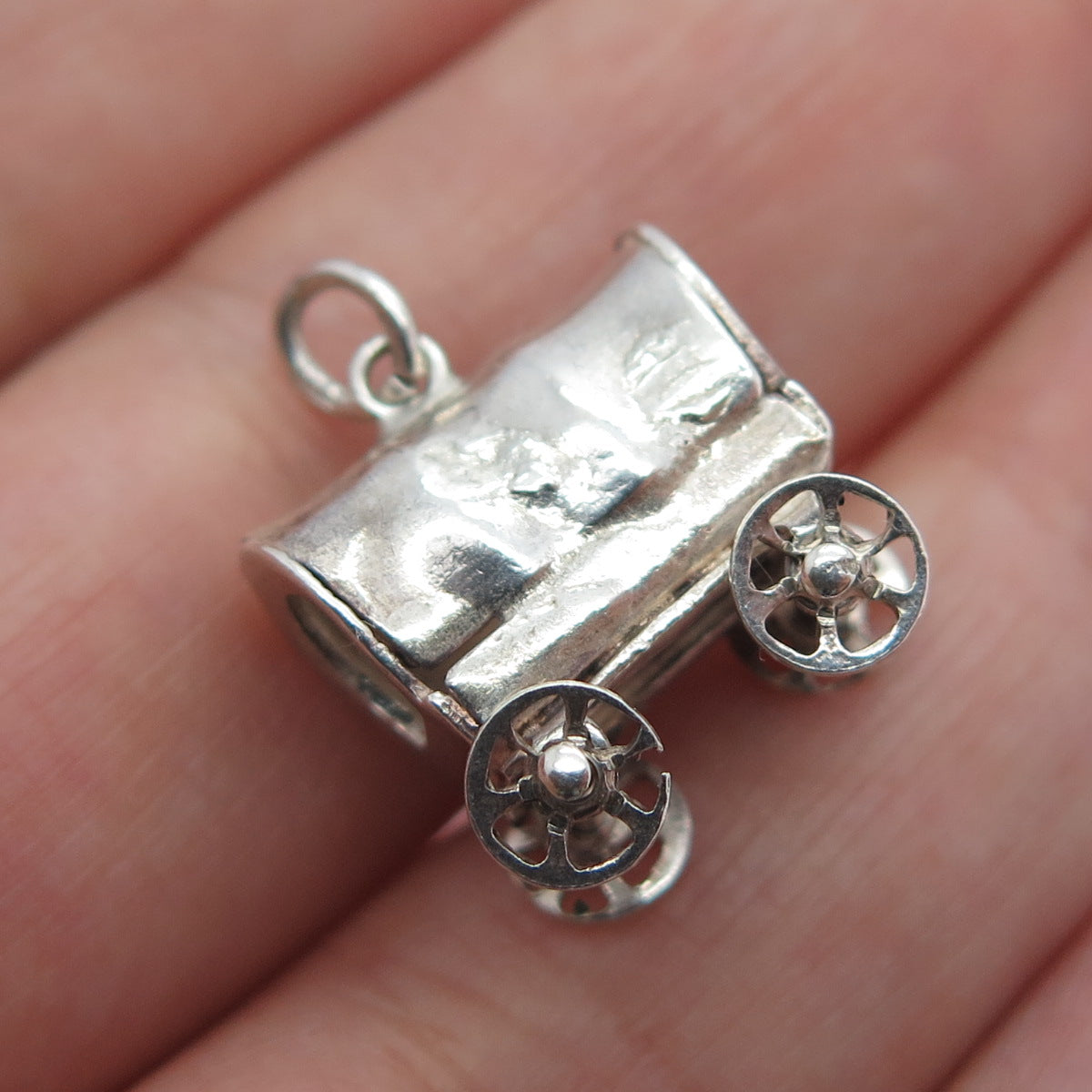 925 Sterling Silver Vintage Farmers Carriage Oxidized Minimalist 3D Pendant