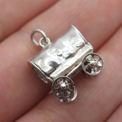 925 Sterling Silver Vintage Farmers Carriage Oxidized Minimalist 3D Pendant