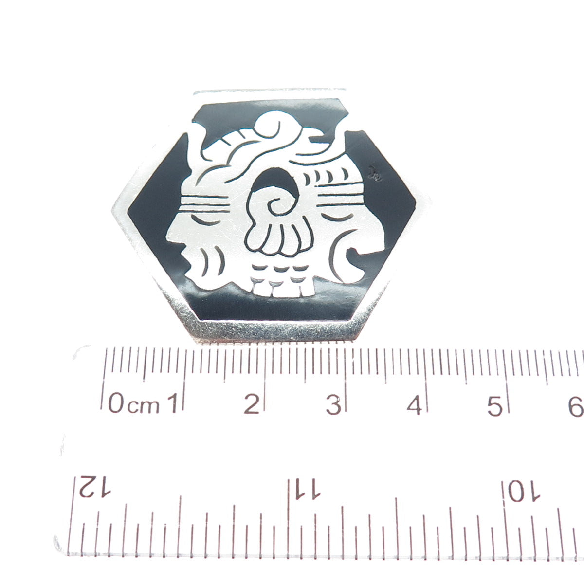 925 Sterling Silver Vintage Mexico Real Black Onyx Tribal God Pin Brooch Pendant