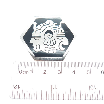 925 Sterling Silver Vintage Mexico Real Black Onyx Tribal God Pin Brooch Pendant