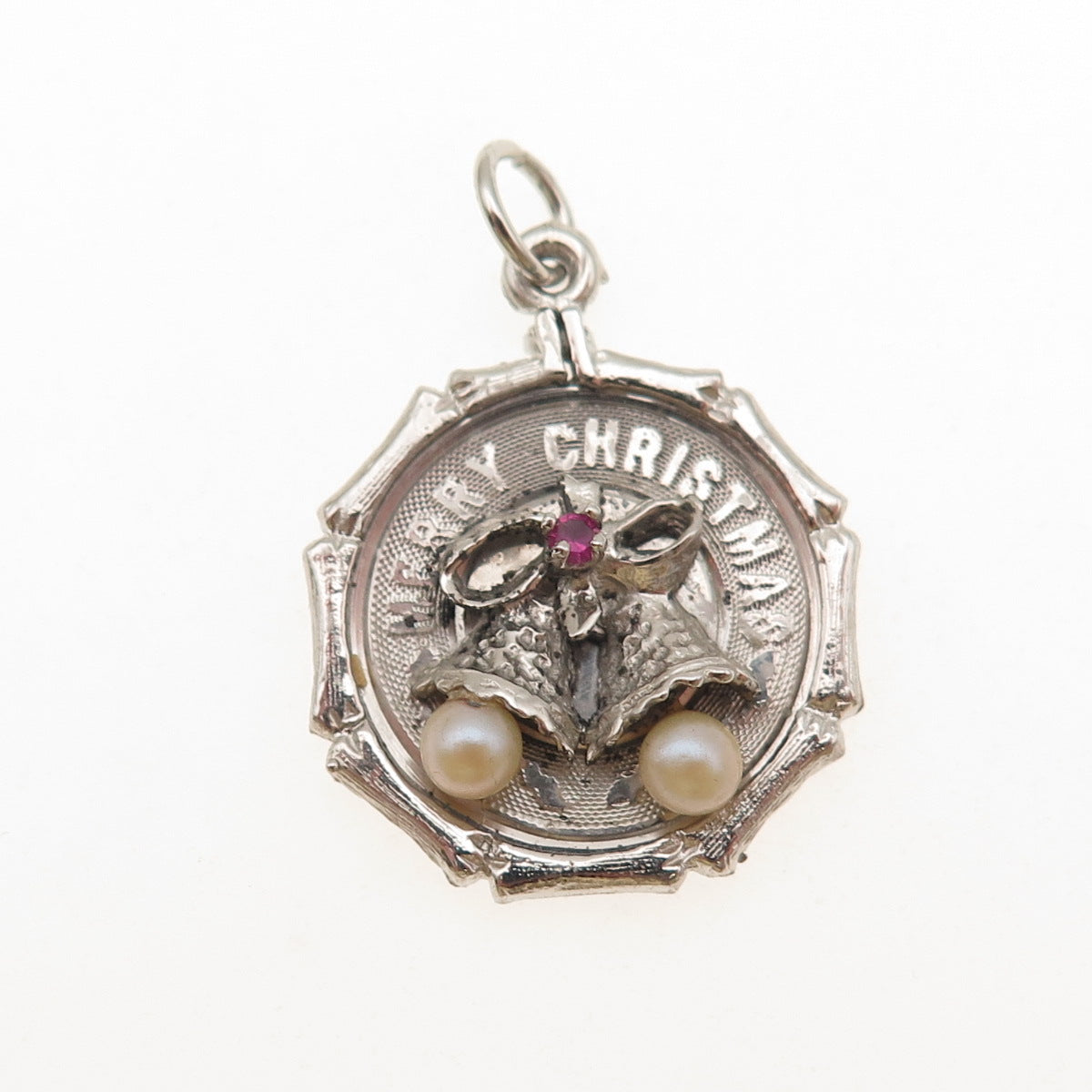 925 Sterling Silver Vintage Faux Pearl Rhinestone Merry Christmas Charm Pendant