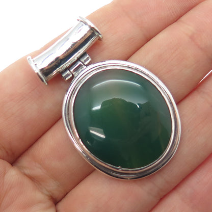 925 Sterling Silver Vintage Real Green Agate Modernist Oxidized Slide Pendant