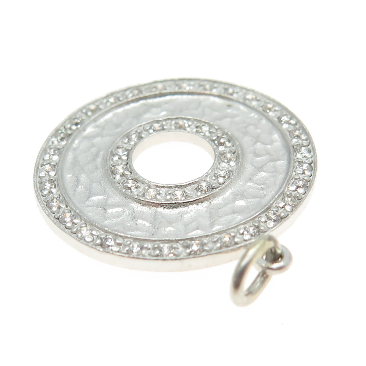 925 Sterling Silver Pave C Z Textured Round Pendant