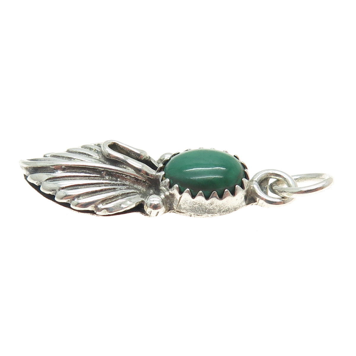 BEN J. Sterling Silver Vintage Southwestern Malachite Snake Eye Feather Pendant