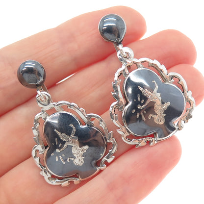 925 Sterling Silver Antique Siam Niello Hindu Goddess Screw Back Dangle Earrings