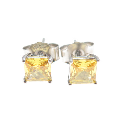 925 Sterling Silver Princess-Cut Canary C Z Stud Earrings