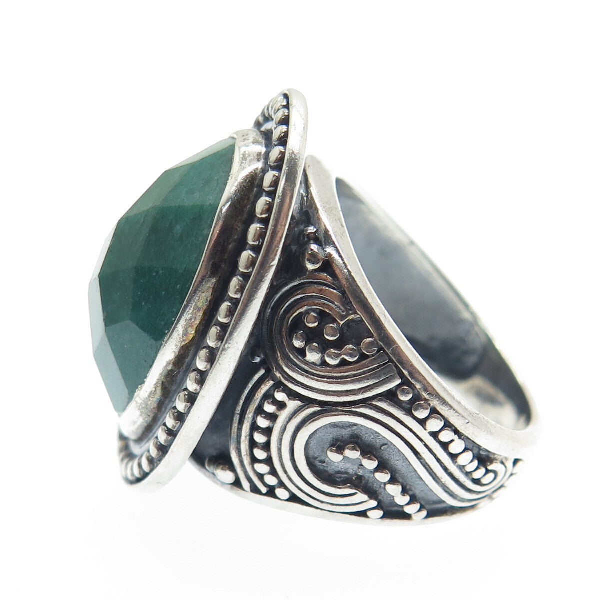 DSMK 925 Sterling Silver Vintage Real Emerald Granulated Oxidized Ring Size 6.5