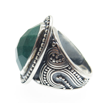 DSMK 925 Sterling Silver Vintage Real Emerald Granulated Oxidized Ring Size 6.5