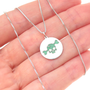 925 Sterling Silver Green Enamel Skull & Bone Box Chain Necklace 18"
