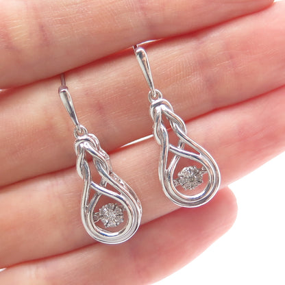 925 Sterling Silver Real Round-Cut Diamond Knot Dangle Earrings