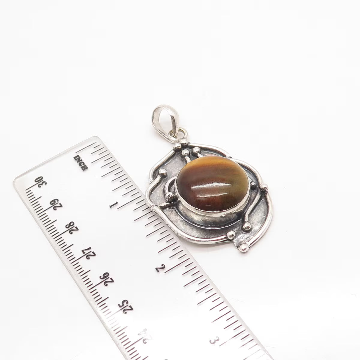 925 Sterling Silver Vintage Real Tiger Eye Gem Beaded Pendant