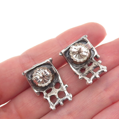 925 Sterling Silver 14K Gold Vintage Real Rutilated Quartz Modernist Earrings