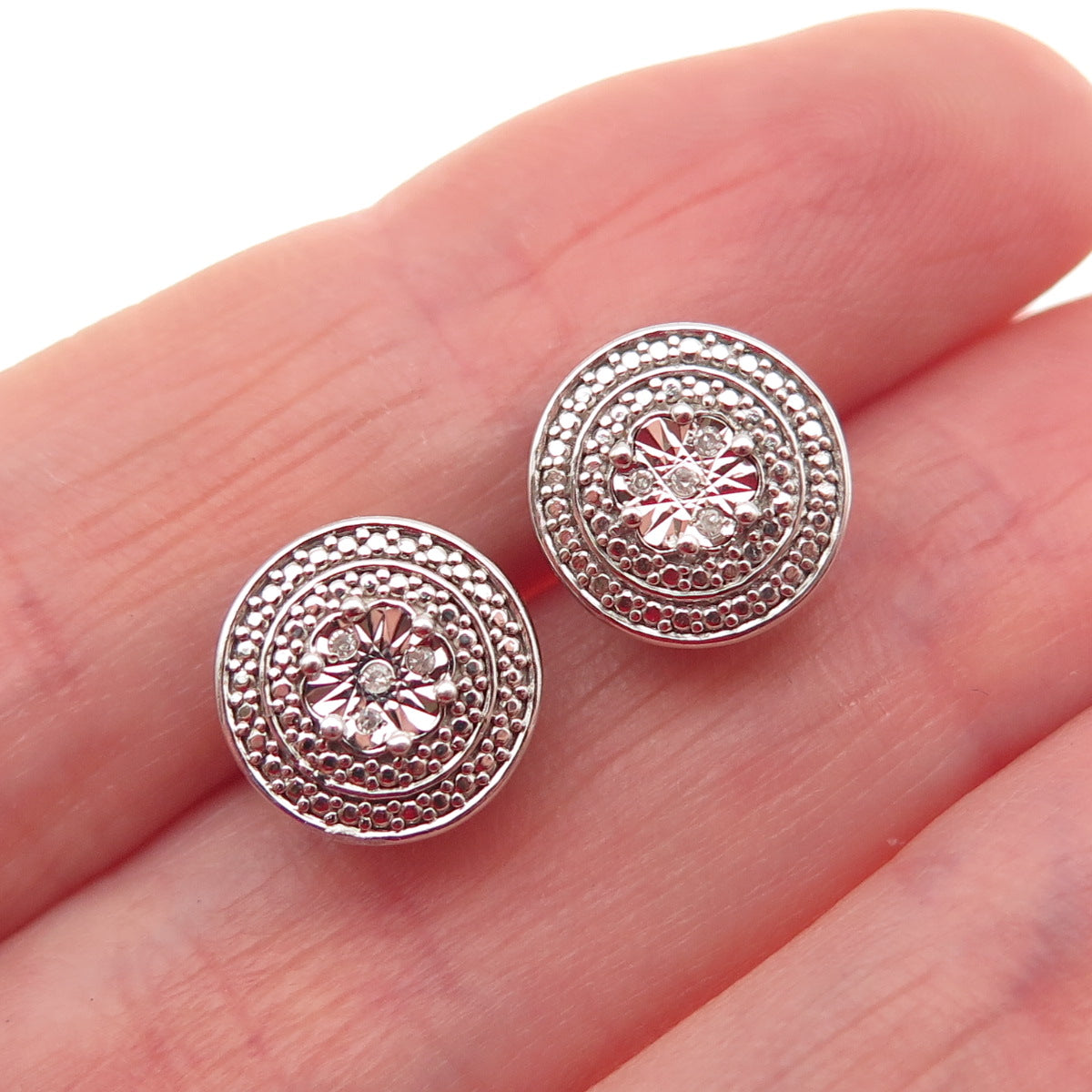 925 Sterling Silver Real Round-Cut Diamond Stud Earrings