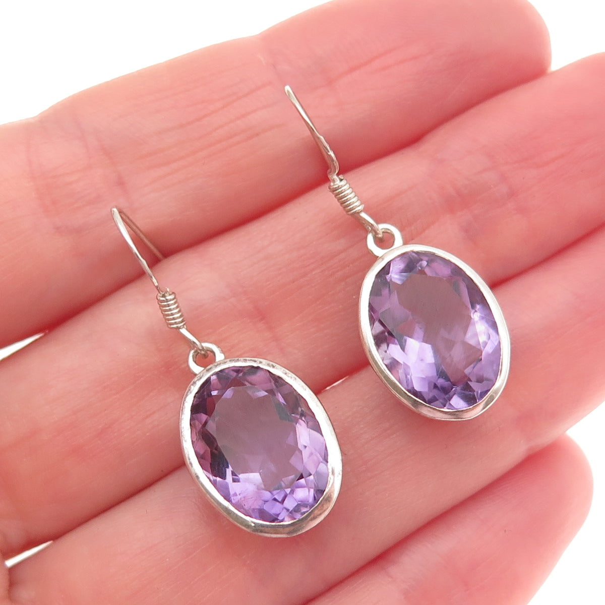 925 Sterling Silver Vintage Real Oval-Cut Amethyst Dangle Earrings