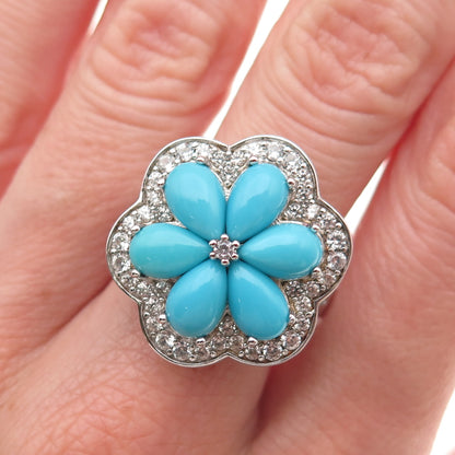 925 Sterling Real Sleeping Beauty Turquoise & White Topaz Floral Ring Size 8