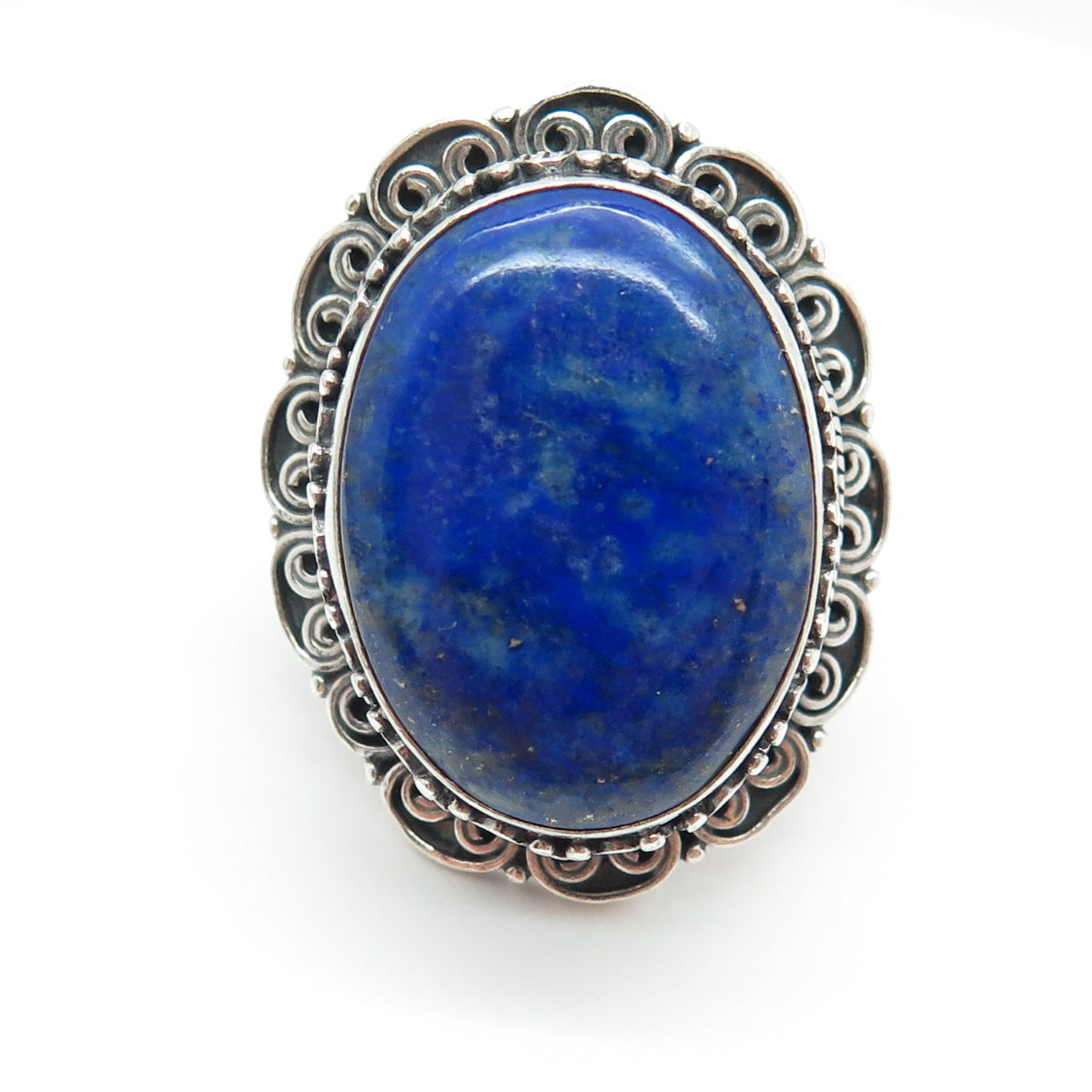 925 Sterling Silver Vintage Real Cabochon Lapis Lazuli Swirl Ring Size 7.75