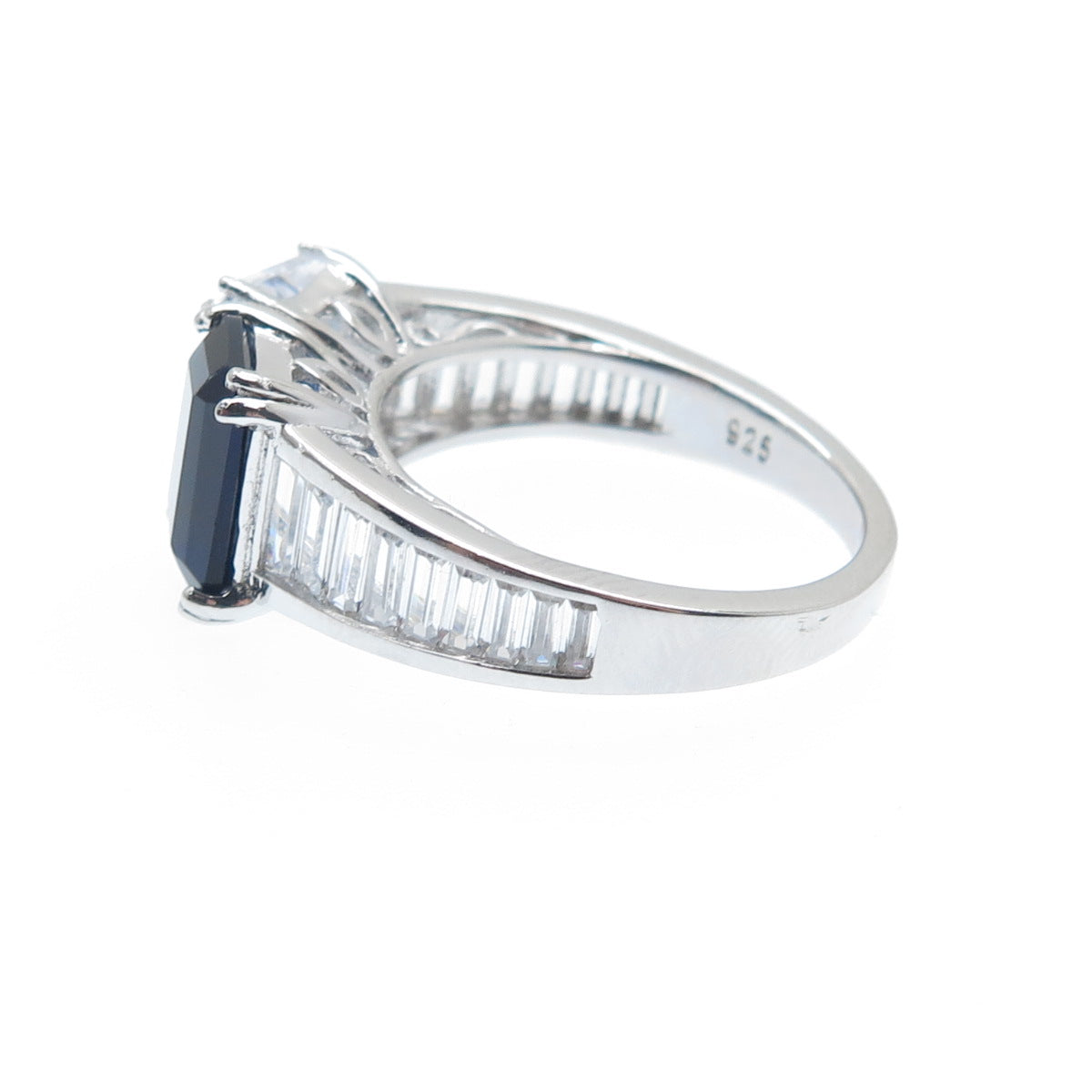 DSMK 925 Sterling Silver White & Blue Emerald-Cut Shaped C Z Ring Size 7.25
