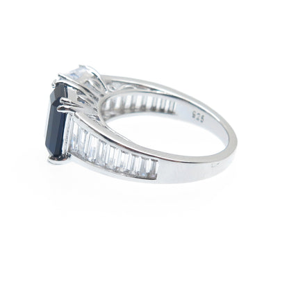 DSMK 925 Sterling Silver White & Blue Emerald-Cut Shaped C Z Ring Size 7.25