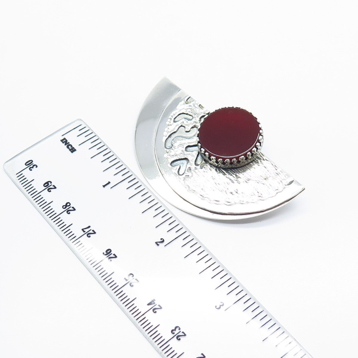 925 Sterling Silver Vintage Real Carnelian Gemstone Textured Pin Brooch