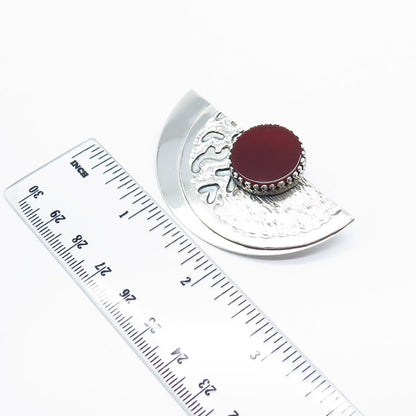 925 Sterling Silver Vintage Real Carnelian Gemstone Textured Pin Brooch