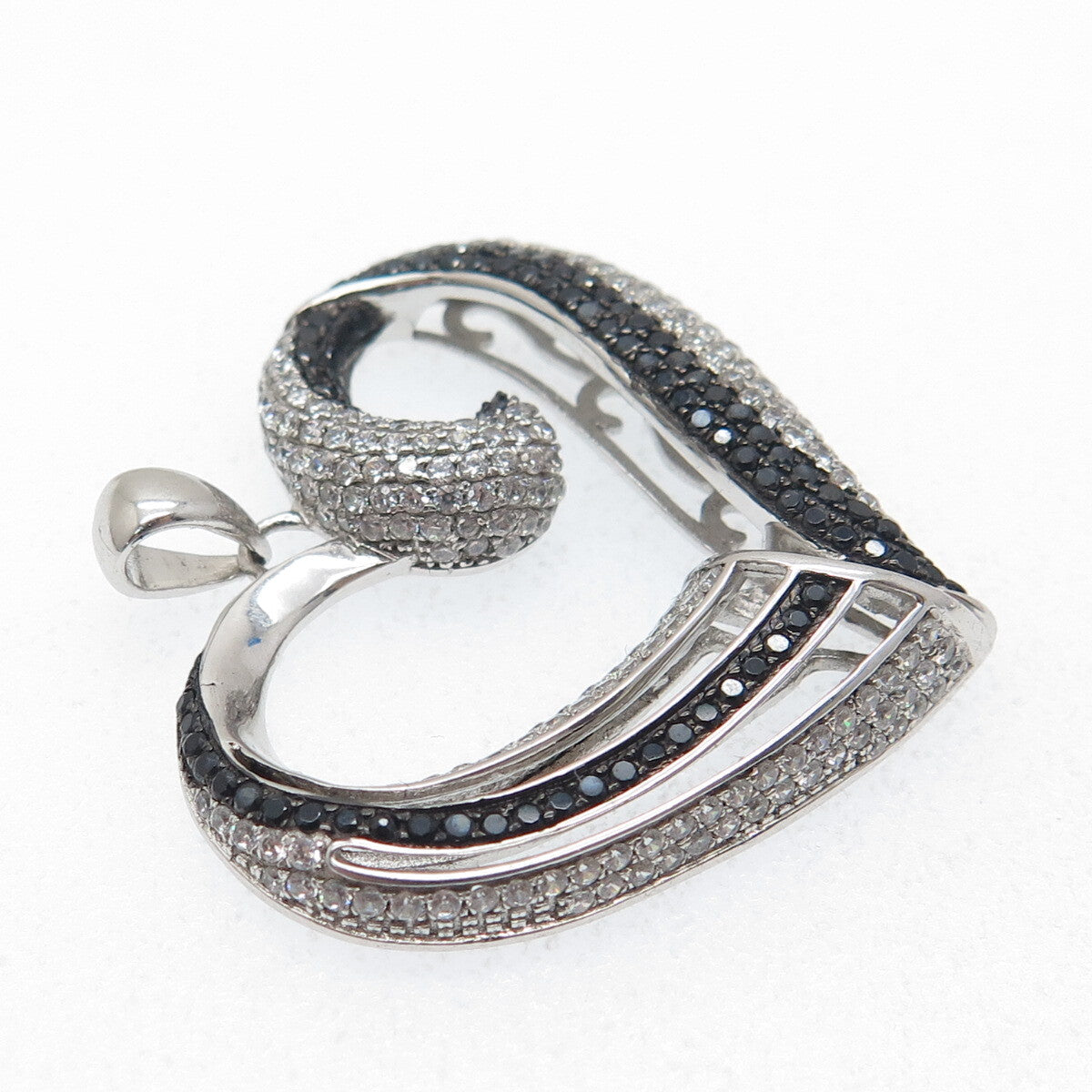 925 Sterling Silver Real Round-Cut Black Spinel & C Z Heart Pendant